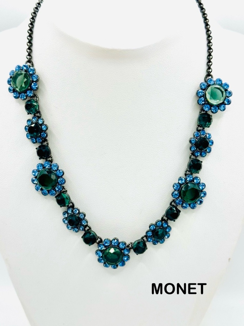 Vintage NWT Monet Green and Aqua Floral Crystal Necklace - Rare Find